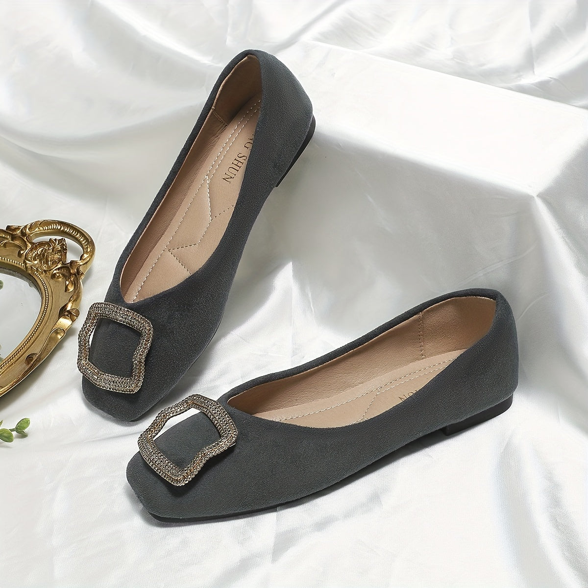 Women's Square Toe Ballet Flats with Rhinestone Buckle