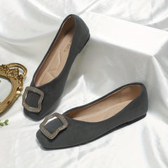 Women's Square Toe Ballet Flats with Rhinestone Buckle