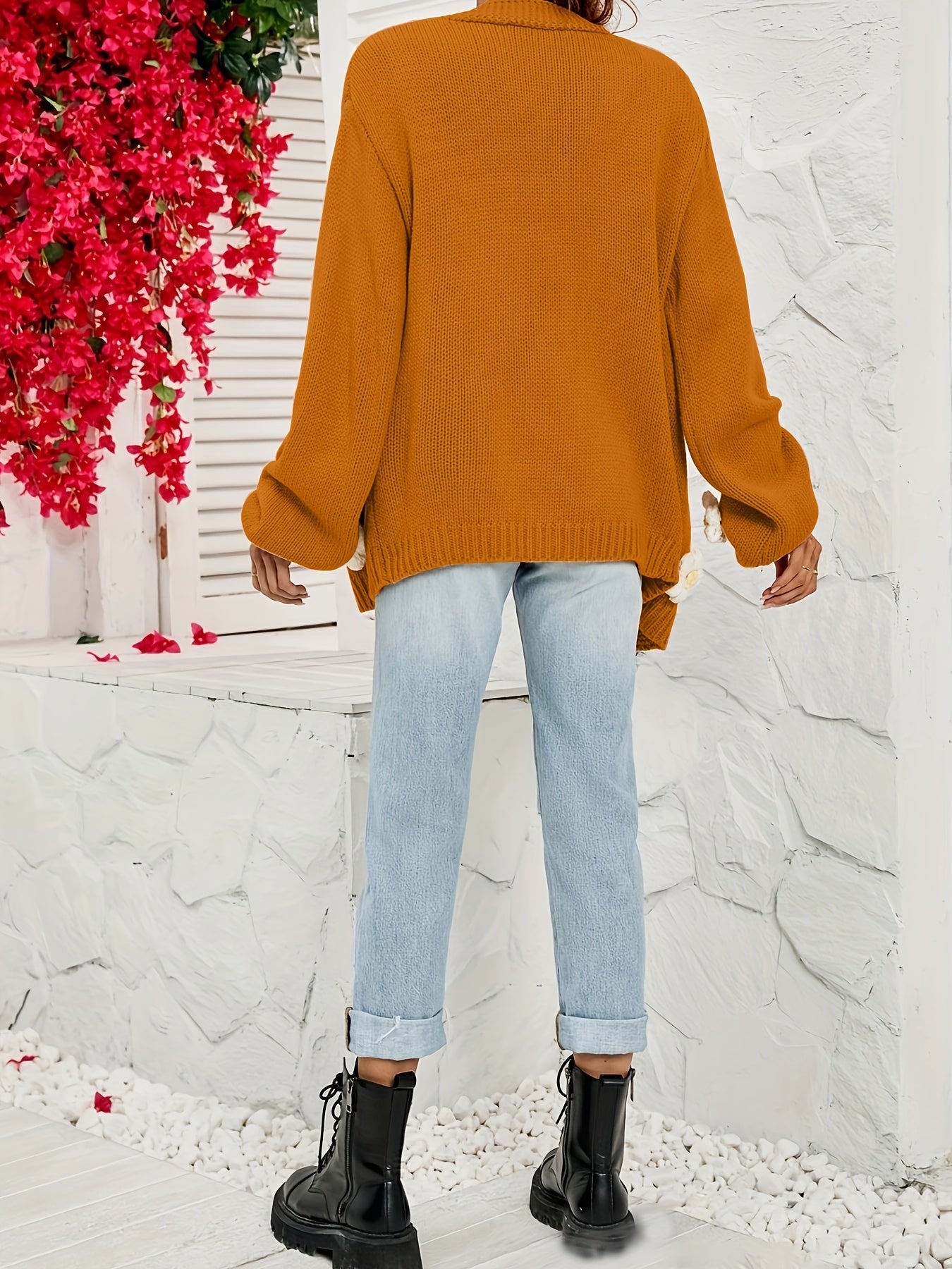  Casual Cardigan Women's Plus Floral Applique Lantern Sleeve