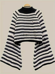 Punk Sweater Women's Plus Colorblock Stripe Print Bell Sleeve Mock Nec