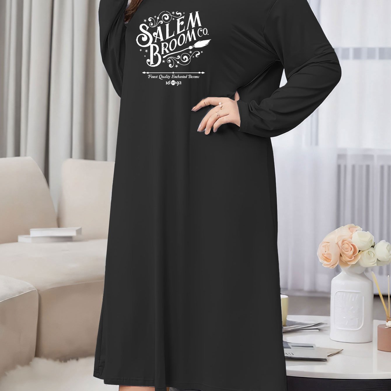  Halloween Lounge Dress, Broom & Slogan Print, Long Sleeve, Round Neck