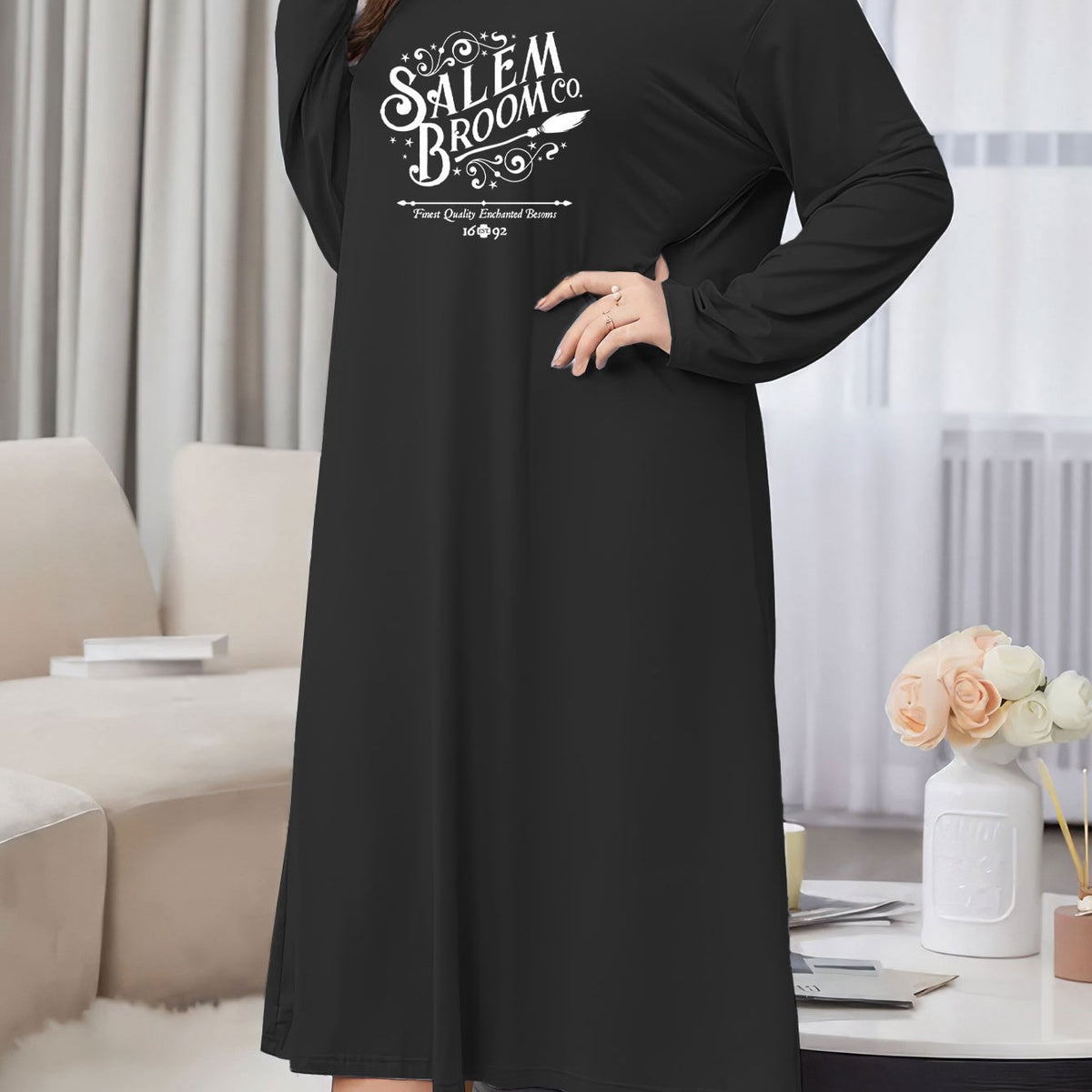  Halloween Lounge Dress, Broom & Slogan Print, Long Sleeve, Round Neck