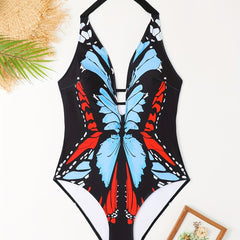  Butterfly Print Halter One Piece Swimsuit