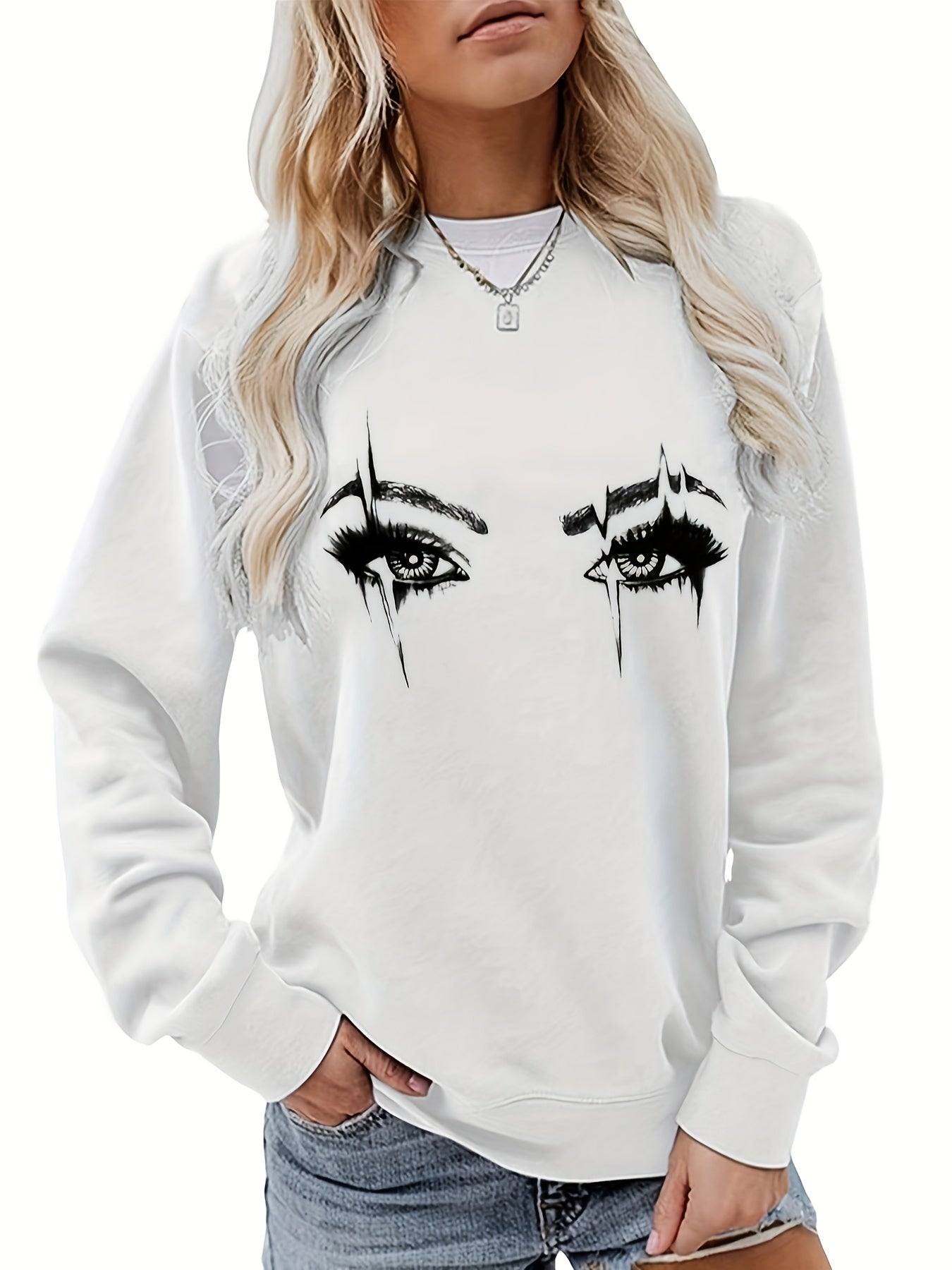 Eye Print Sweatshirt Long Sleeve Crew Neck Women's Clothing