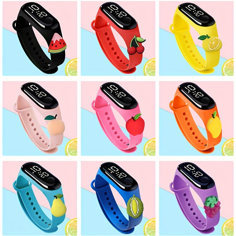 12pcs LED Digital Watch Set Fruit Pattern Soft Strap 24 Hour Display