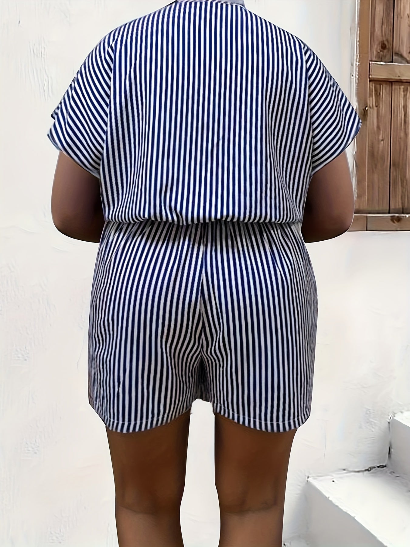  Stripe Print Batwing Sleeve Surplice Neck Romper