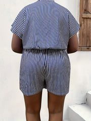  Stripe Print Batwing Sleeve Surplice Neck Romper