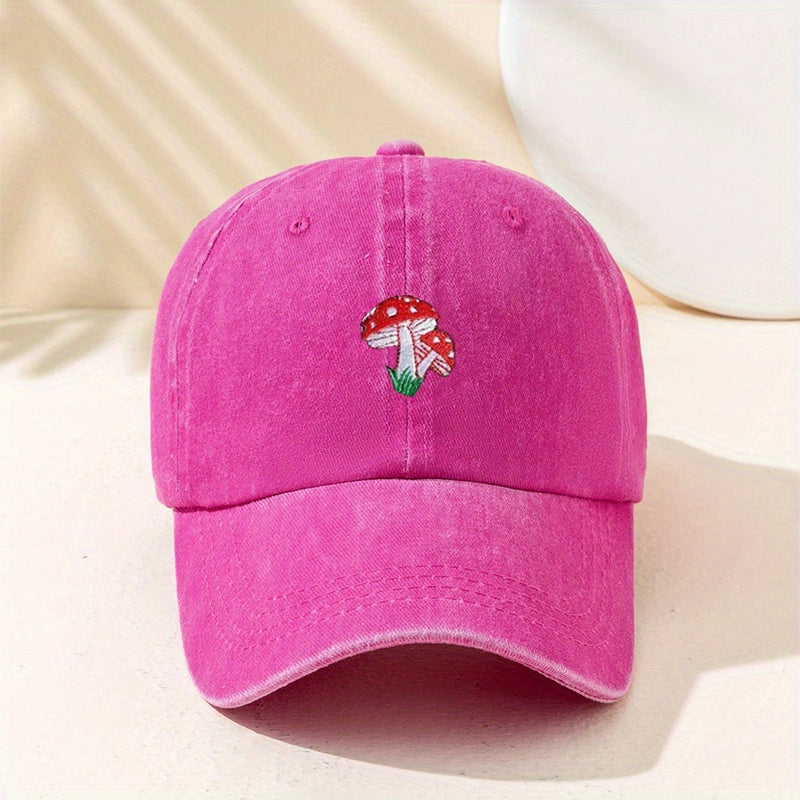 Mushroom Embroidery Baseball Cap Unisex Washed Distressed Dad Hats