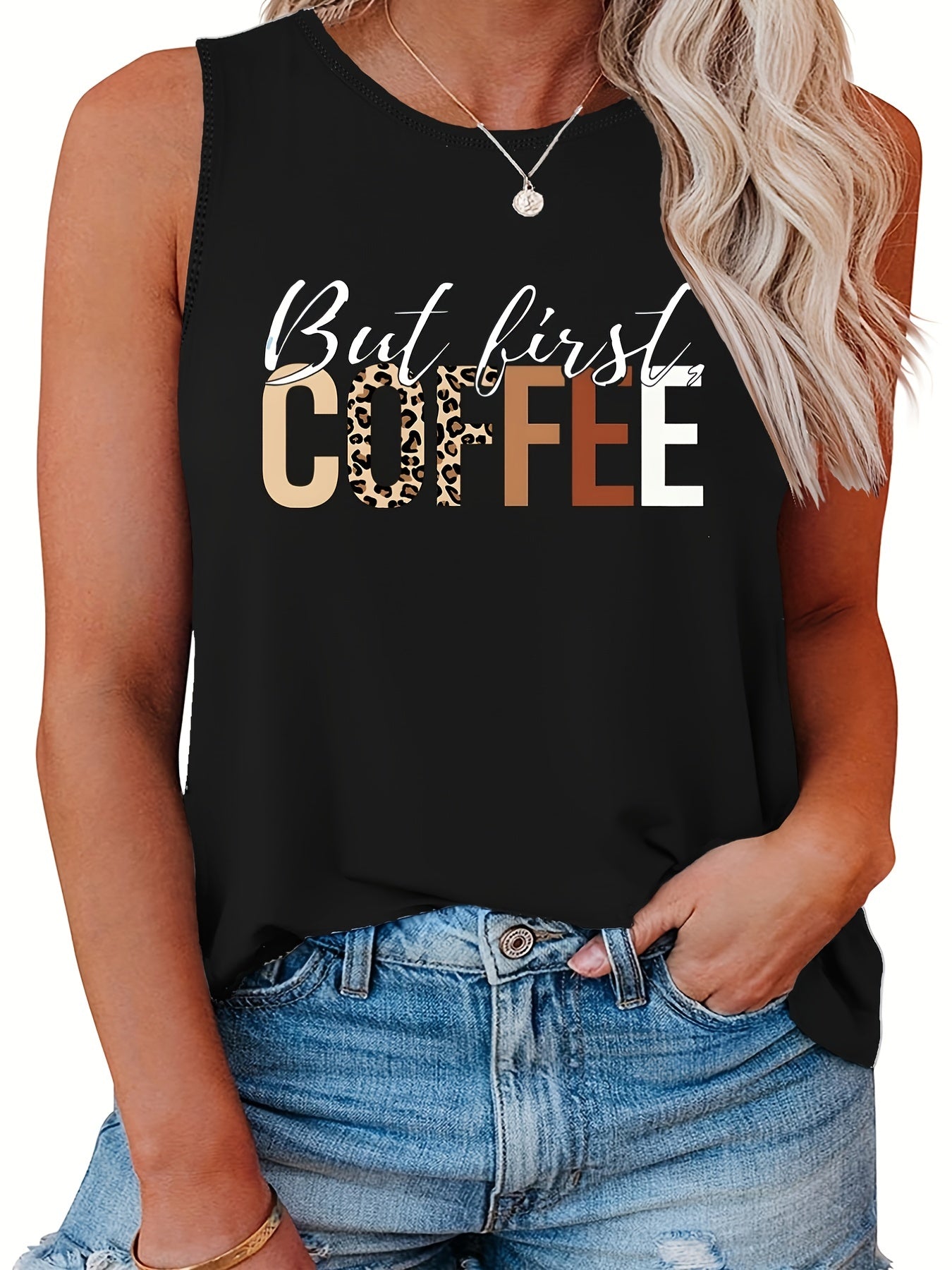  Women's Tank Top Slogan Print Round Neck Stretch Tank Top