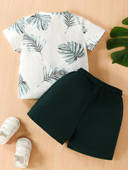 2pcs Boys Leaf Print T shirt & Shorts Summer Clothes Sets