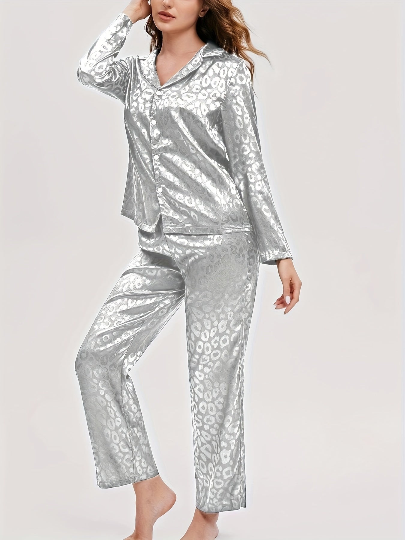 Leopard Print Pajama Set Long Sleeve Top & Pants