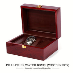 Red PU Leather Lining Wooden Watch Box