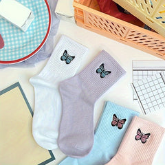 5 Pairs Butterfly Embroidery Socks Mid Tube Stockings