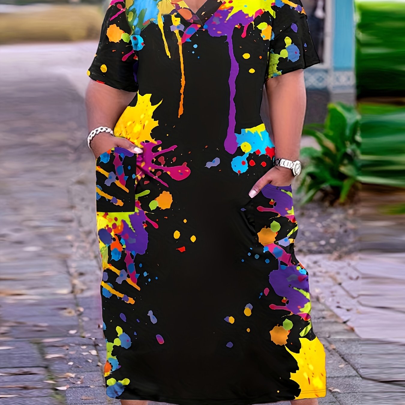  Women's Splash Print Maxi Dress With Pockets