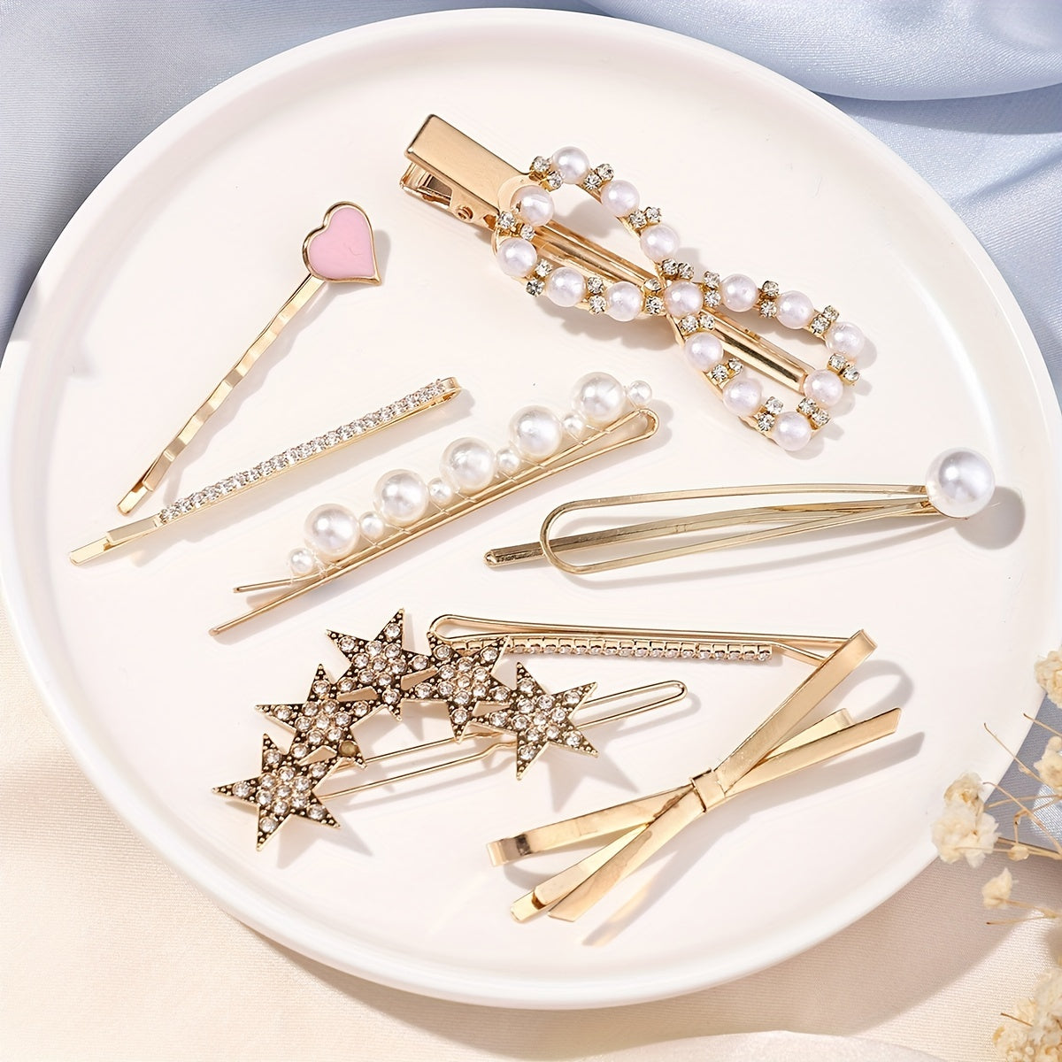 8pcs Hair Pin Metal Clip Pearl Rhinestone Decor Hairpin Bow Shape Women Girls