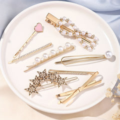 8pcs Hair Pin Metal Clip Pearl Rhinestone Decor Hairpin Bow Shape Women Girls
