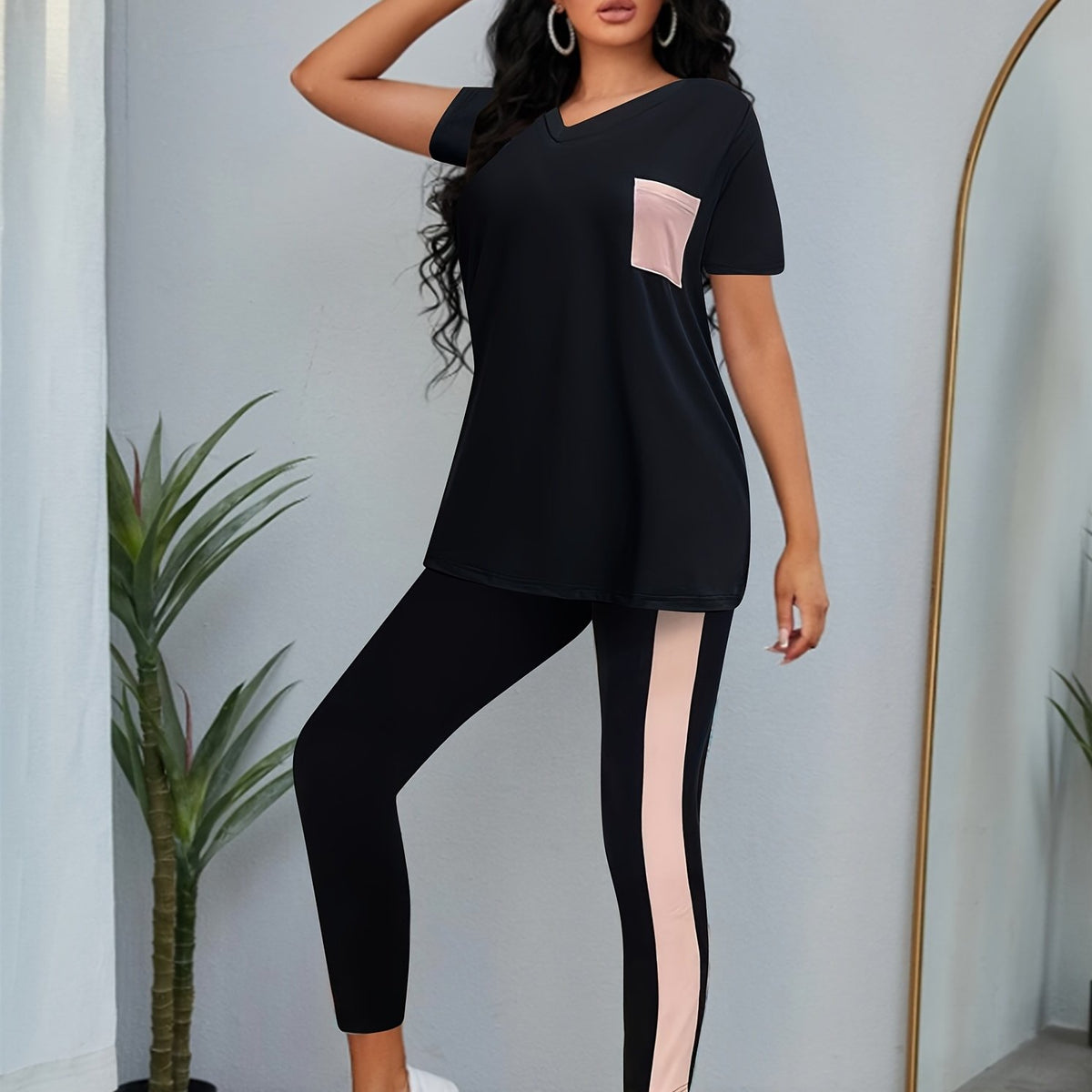 Casual 2pc Set V Neck Tee & Long Pants Outfit Women's Clothing