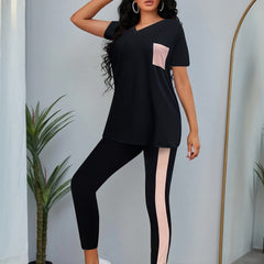 Casual 2pc Set V Neck Tee & Long Pants Outfit Women's Clothing