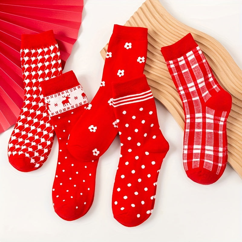5 Pairs Christmas Print Socks Mid Tube Women's Stockings & Hosiery