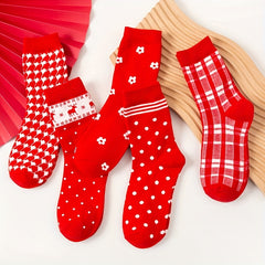 5 Pairs Christmas Print Socks Mid Tube Women's Stockings & Hosiery