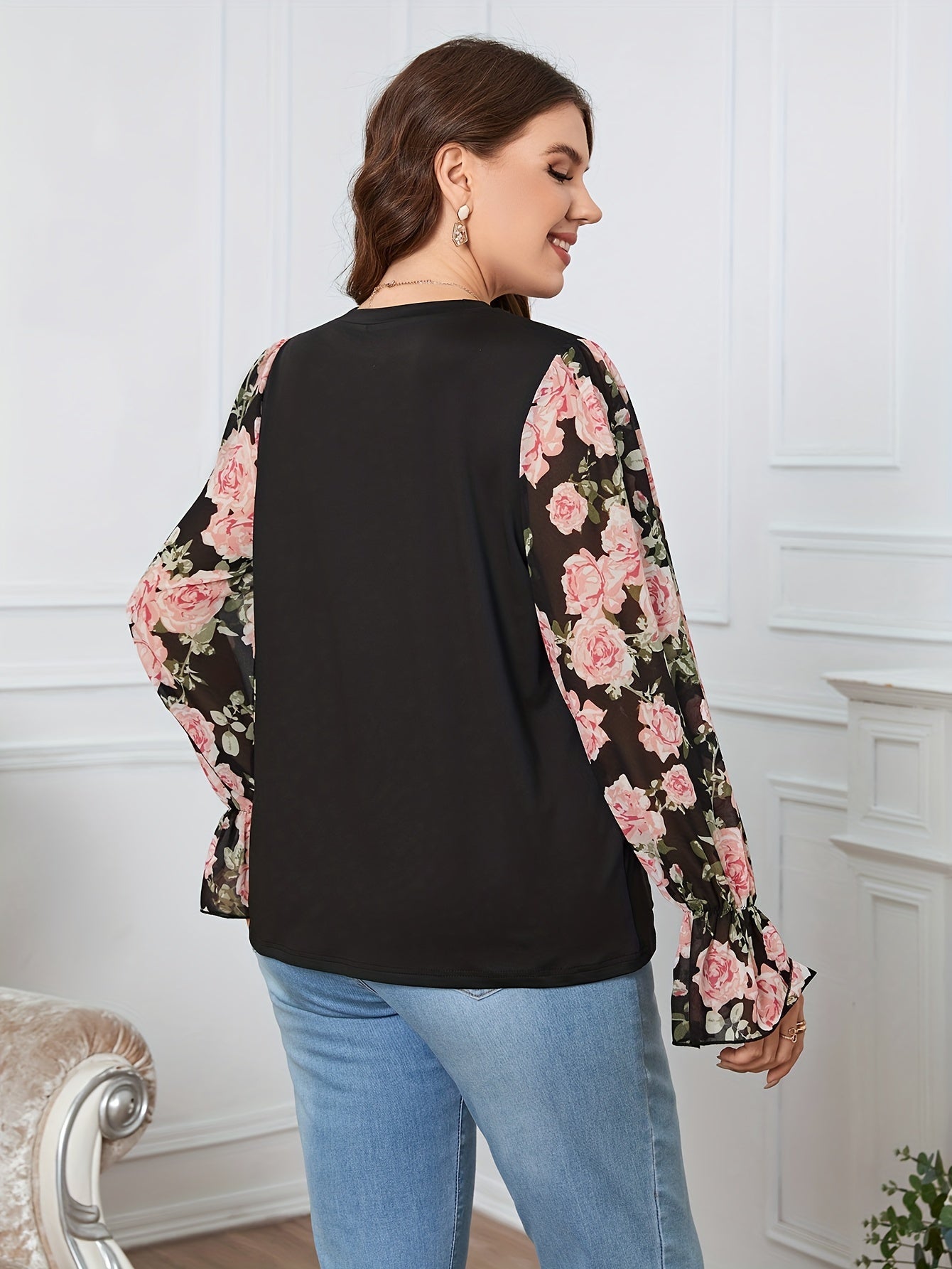  Colorblock Floral Print Lantern Sleeve Blouse