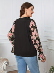  Colorblock Floral Print Lantern Sleeve Blouse