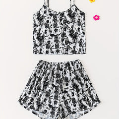 Skull Print Halloween Pajama Set Cami Top & Shorts