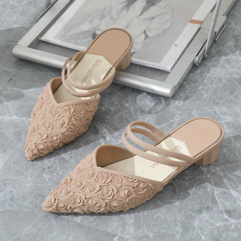 Women's Rose Embossed Slingback Sandals Chunky Low Heels