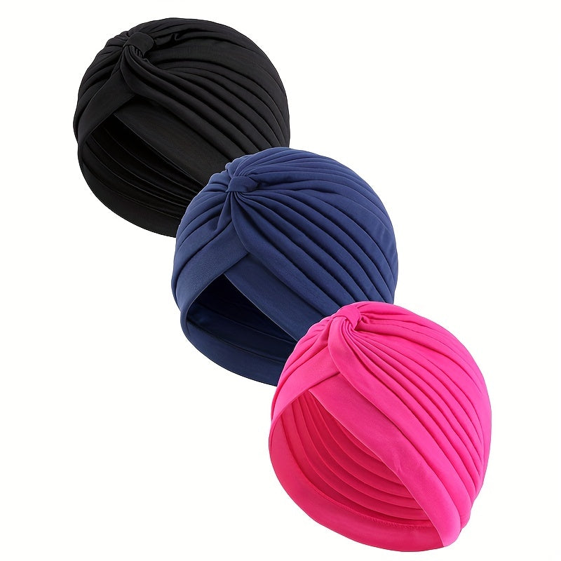 3pcs Turban Cap Pleated Head Wrap Elastic Beanie Head Scarf Chemo Hats