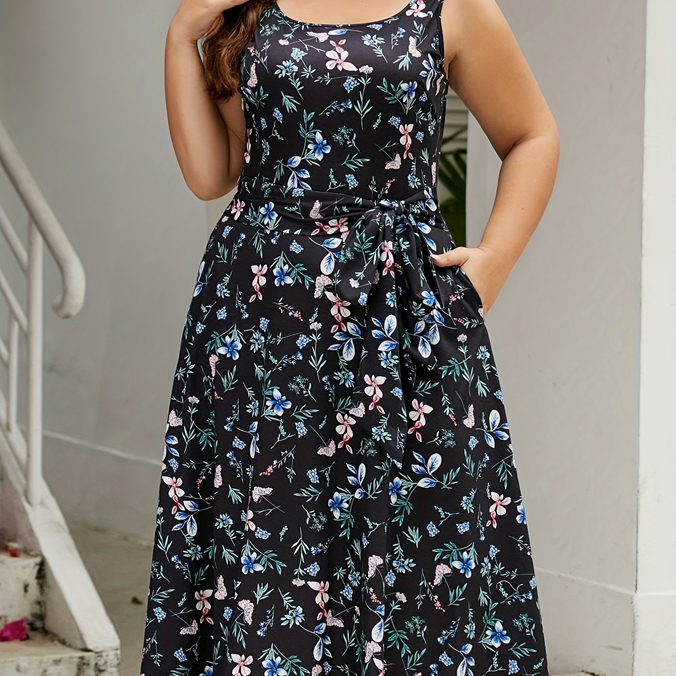 Plus Size Ditsy Print Belted Dress With Belt