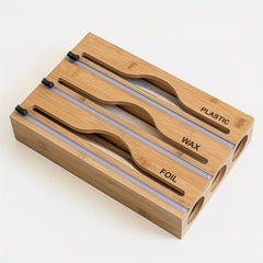 Bamboo Dispenser With Cutter For 12.5 Roll Foil Plastic Wrap Organizer