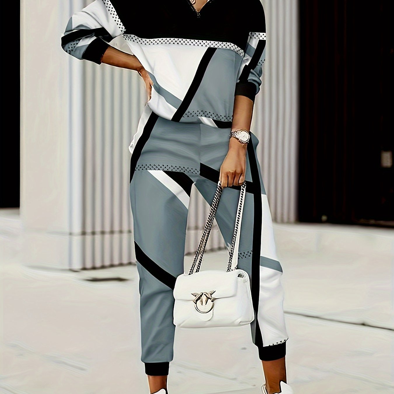  Colorblock Geo Print Hoodie & Joggers Set