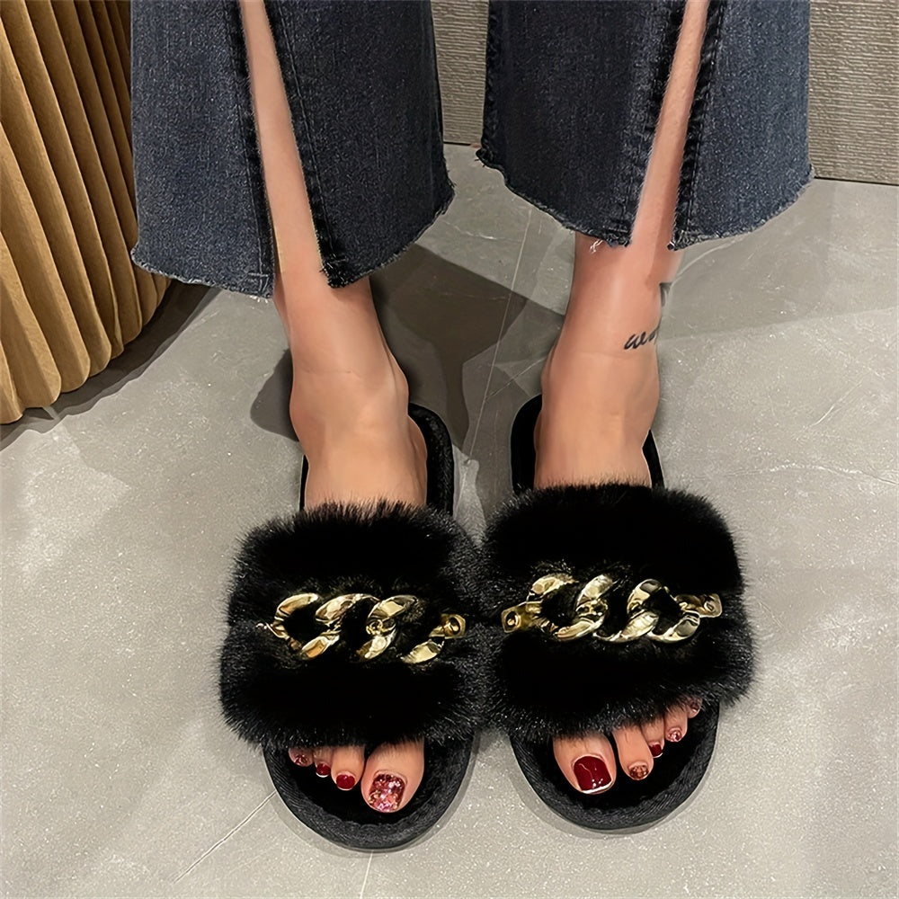 Women's Chain Decor Plush Slippers Faux Fur Indoor Warm Slip On