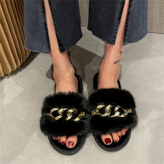 Women's Chain Decor Plush Slippers Faux Fur Indoor Warm Slip On