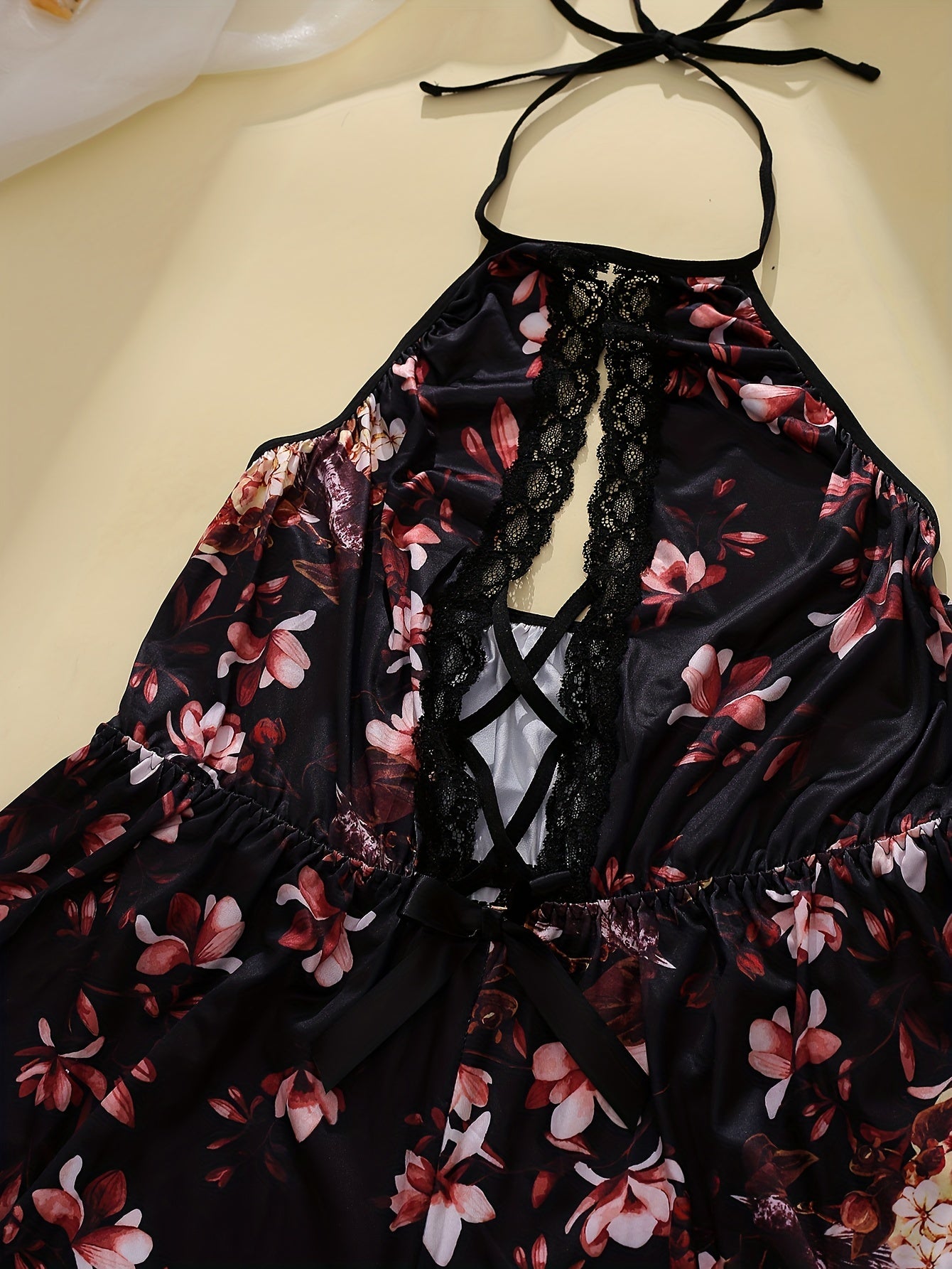  Floral Lace Trim Halter Bodysuit
