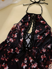  Floral Lace Trim Halter Bodysuit