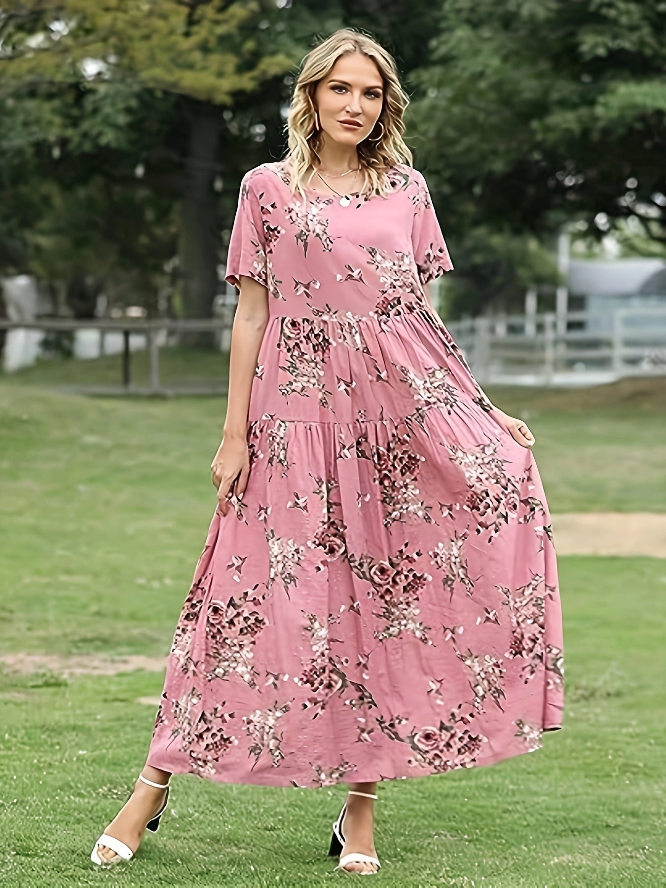  Floral Print Short Sleeve Maxi Dress