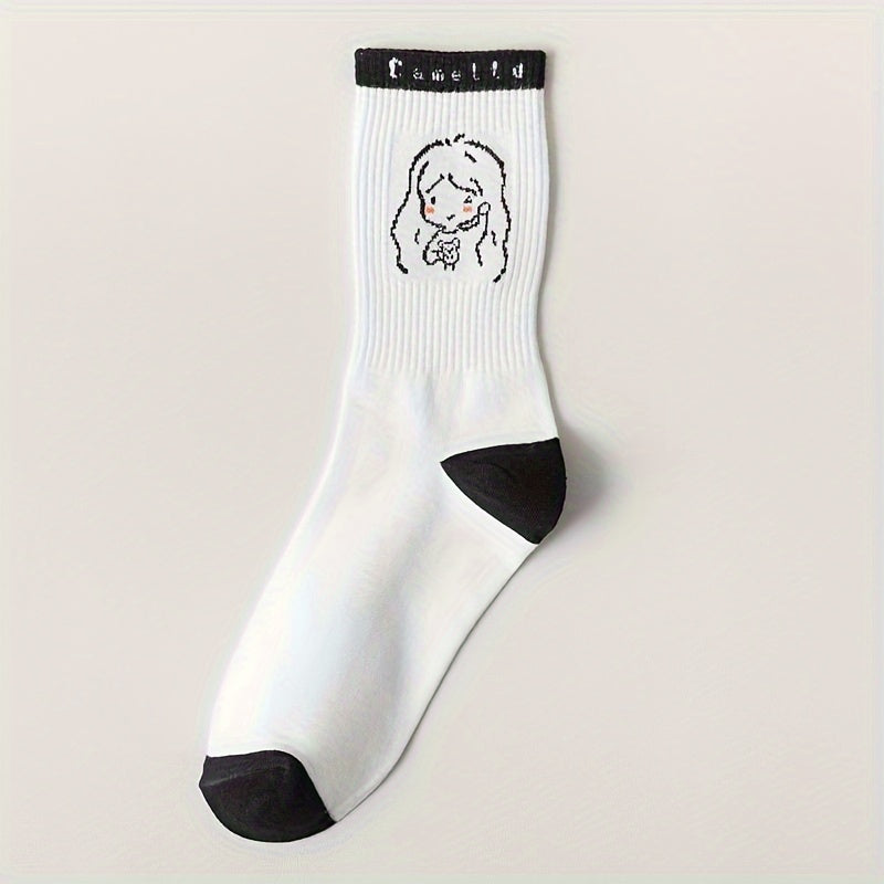 5 Pairs Cartoon Print Socks Women's Stockings Comfy & Mid Tube Hosiery