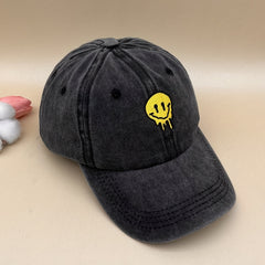 Yellow Smiling Face Baseball Cap Embroidered Distressed Sun Hat