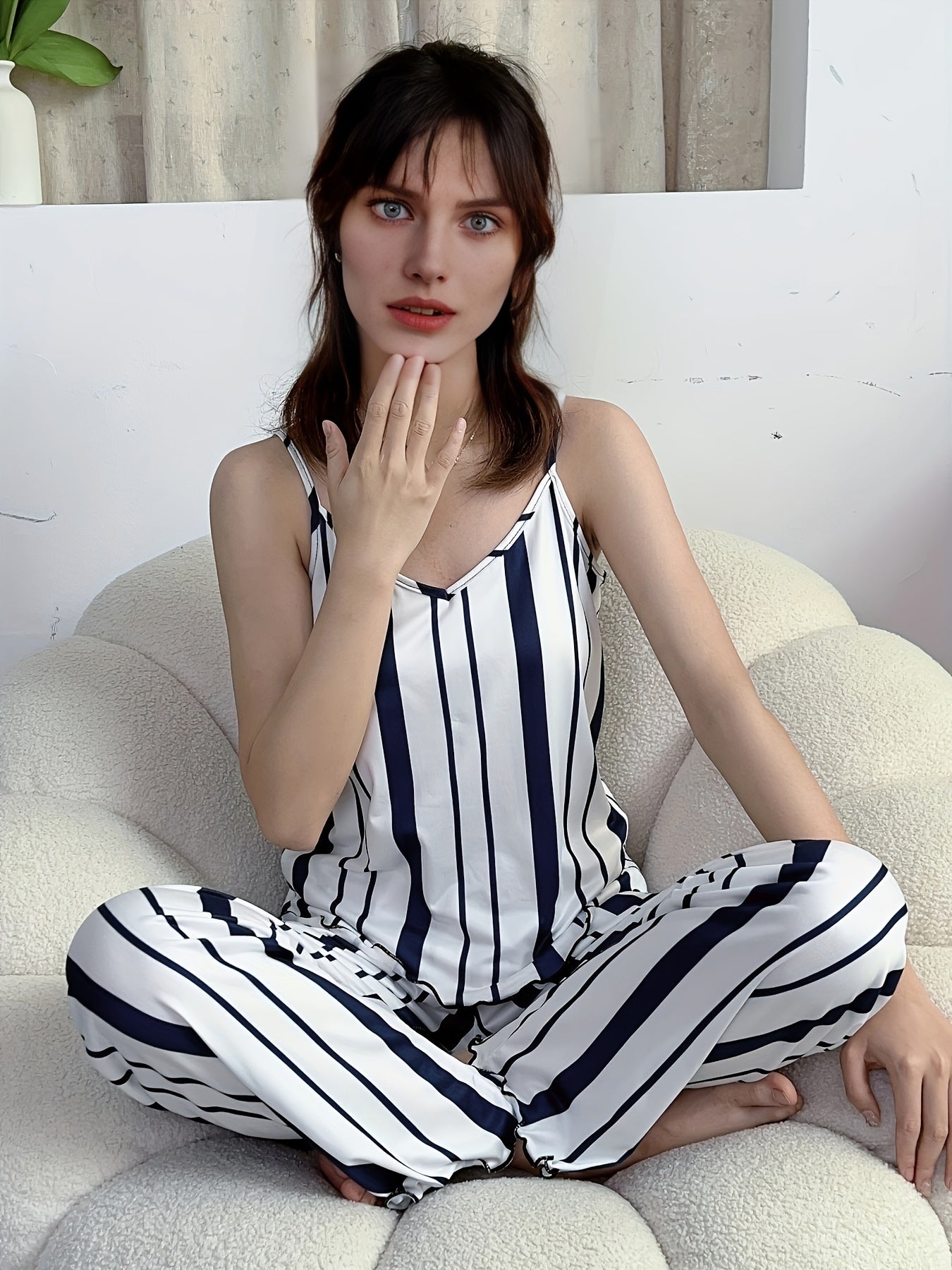 Striped Print Pajama Set V Neck Cami Top & Lounge Pants Women's Sleepwear