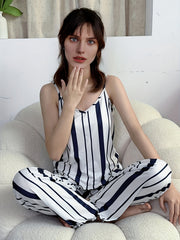 Striped Print Pajama Set V Neck Cami Top & Lounge Pants Women's Sleepwear