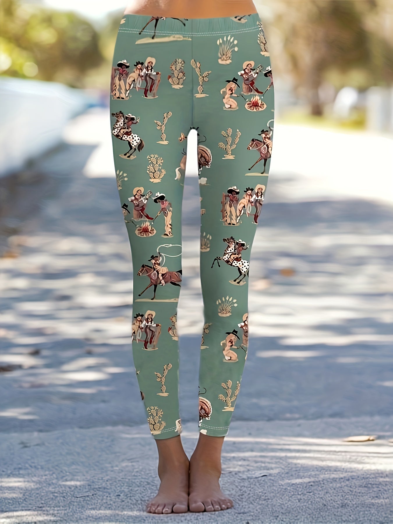 Cowboy Print High Rise Western Leggings For Women Plus Size