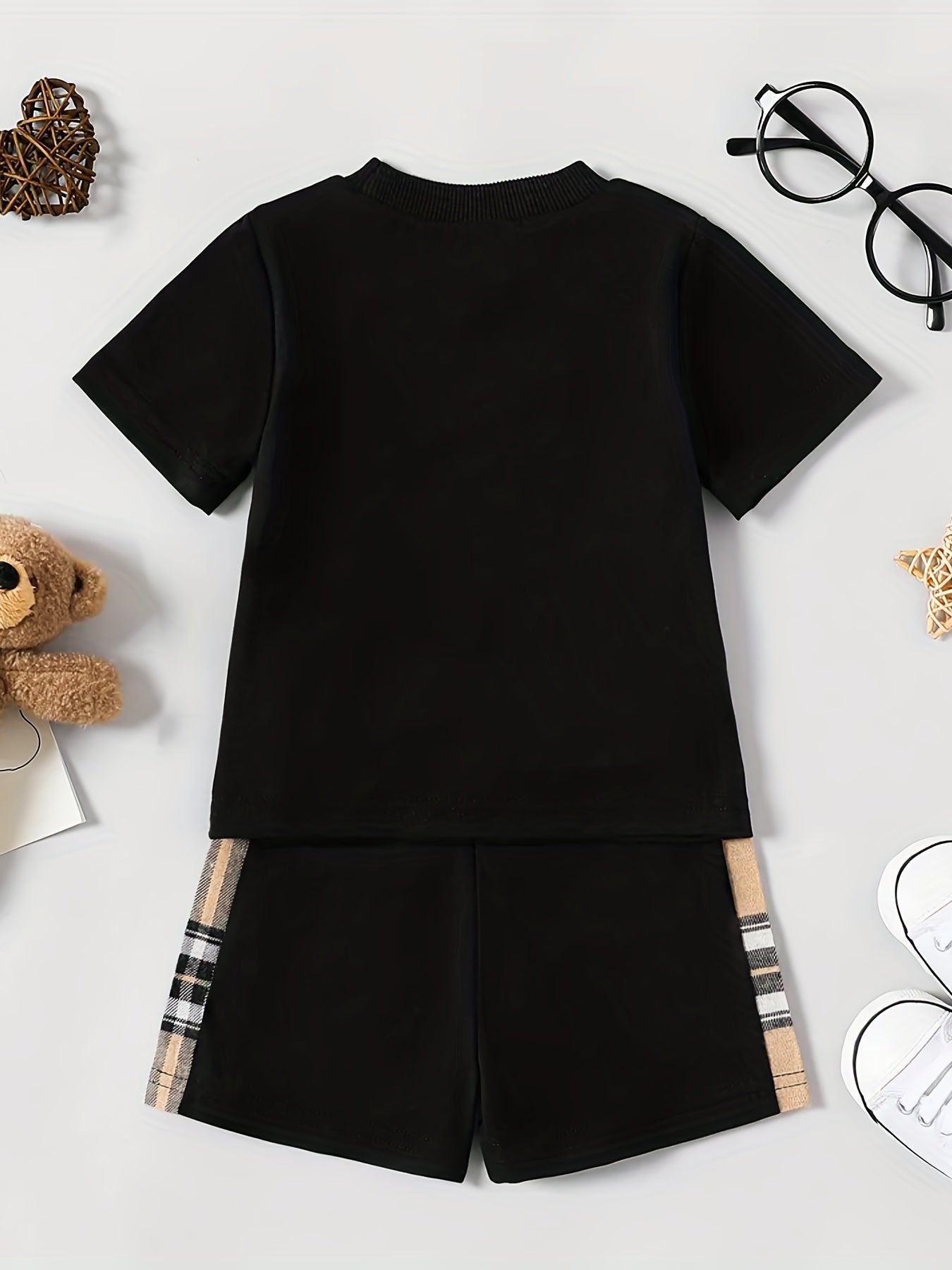 Plaid Bear Embroidery T shirt & Shorts Baby 2pcs Set Clothes