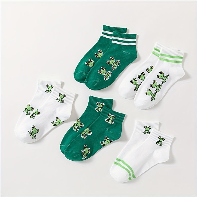 5 Pairs Cartoon Frog Print Crew Socks Women's Stockings