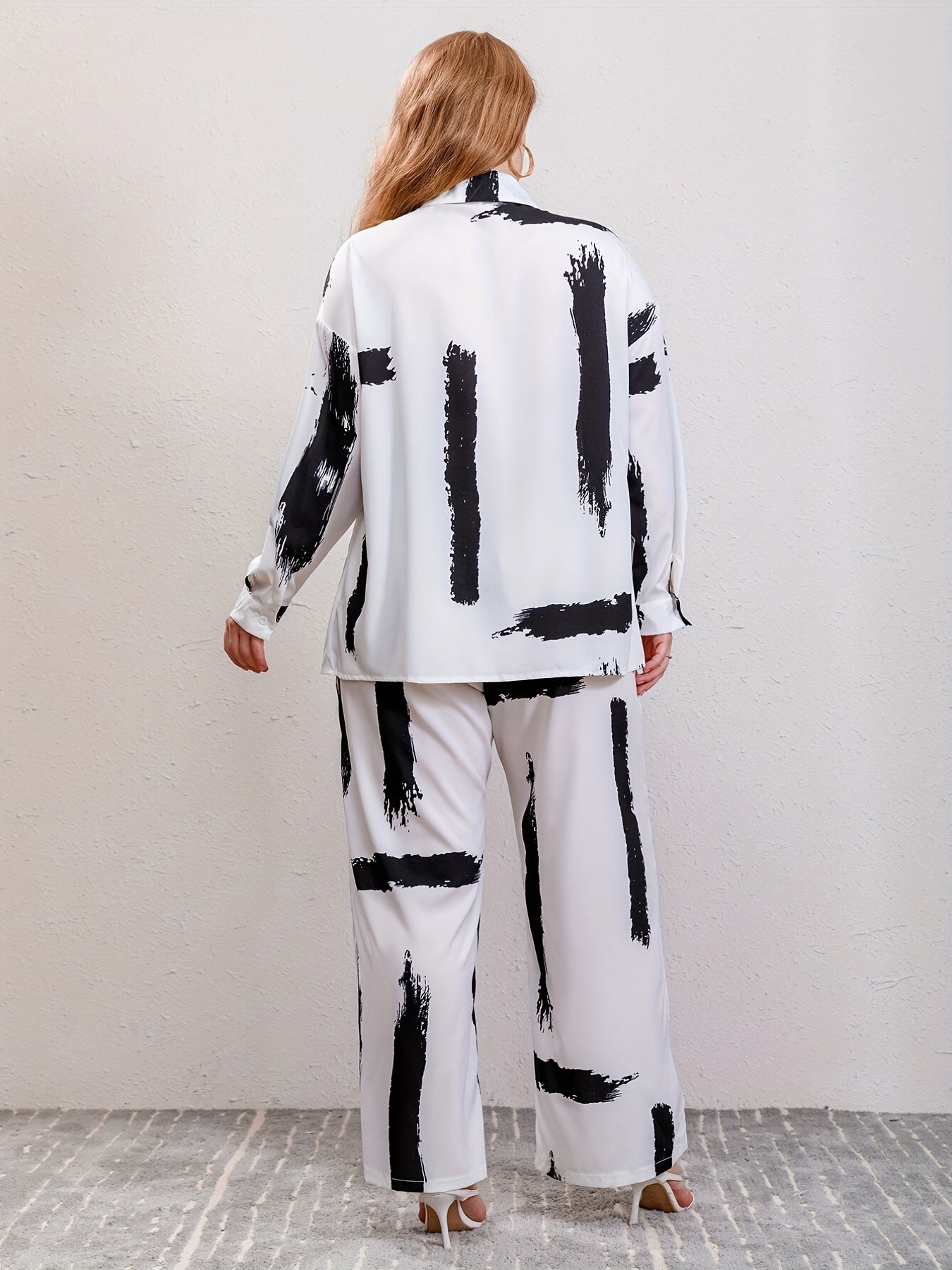  Brush Print Blouse & Wide Leg Pants Set