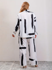  Brush Print Blouse & Wide Leg Pants Set