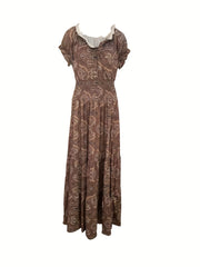  Floral Print Bubble Sleeve V Neck Nipped Waist Maxi Dress