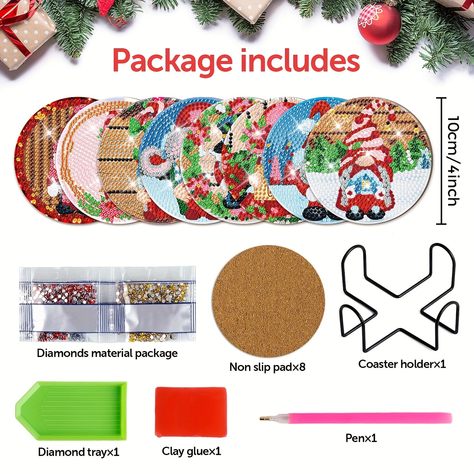 8pcs Christmas Candy Gnome Diamond Painting Coasters Kits