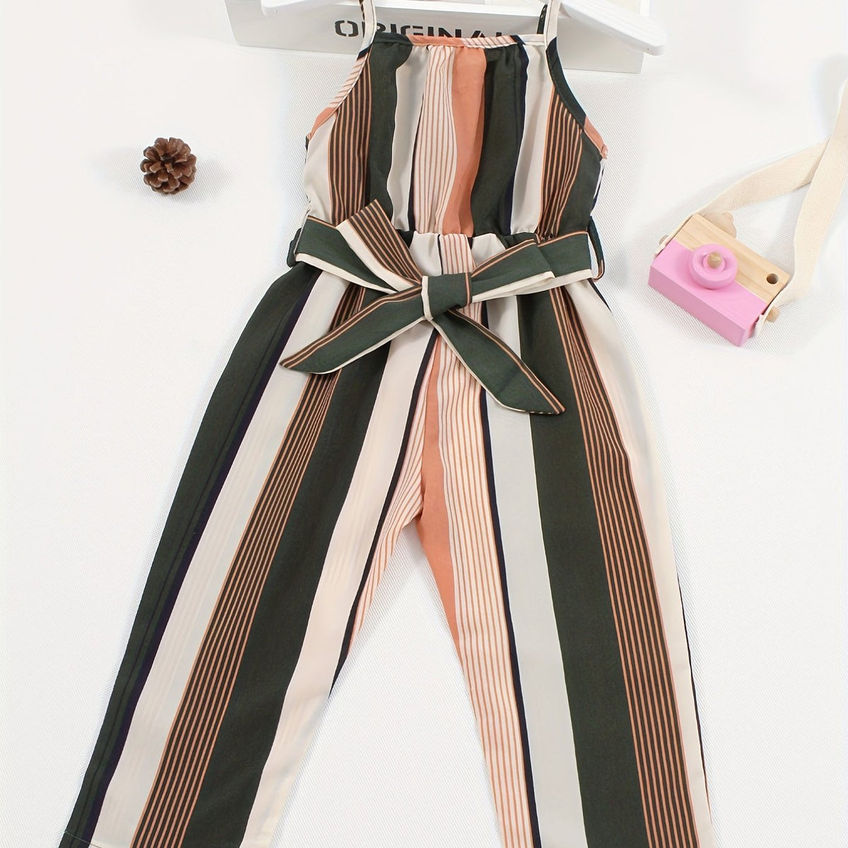 Striped Belted Cami Rompers For Girls