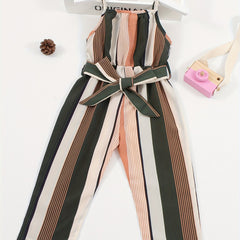 Striped Belted Cami Rompers For Girls